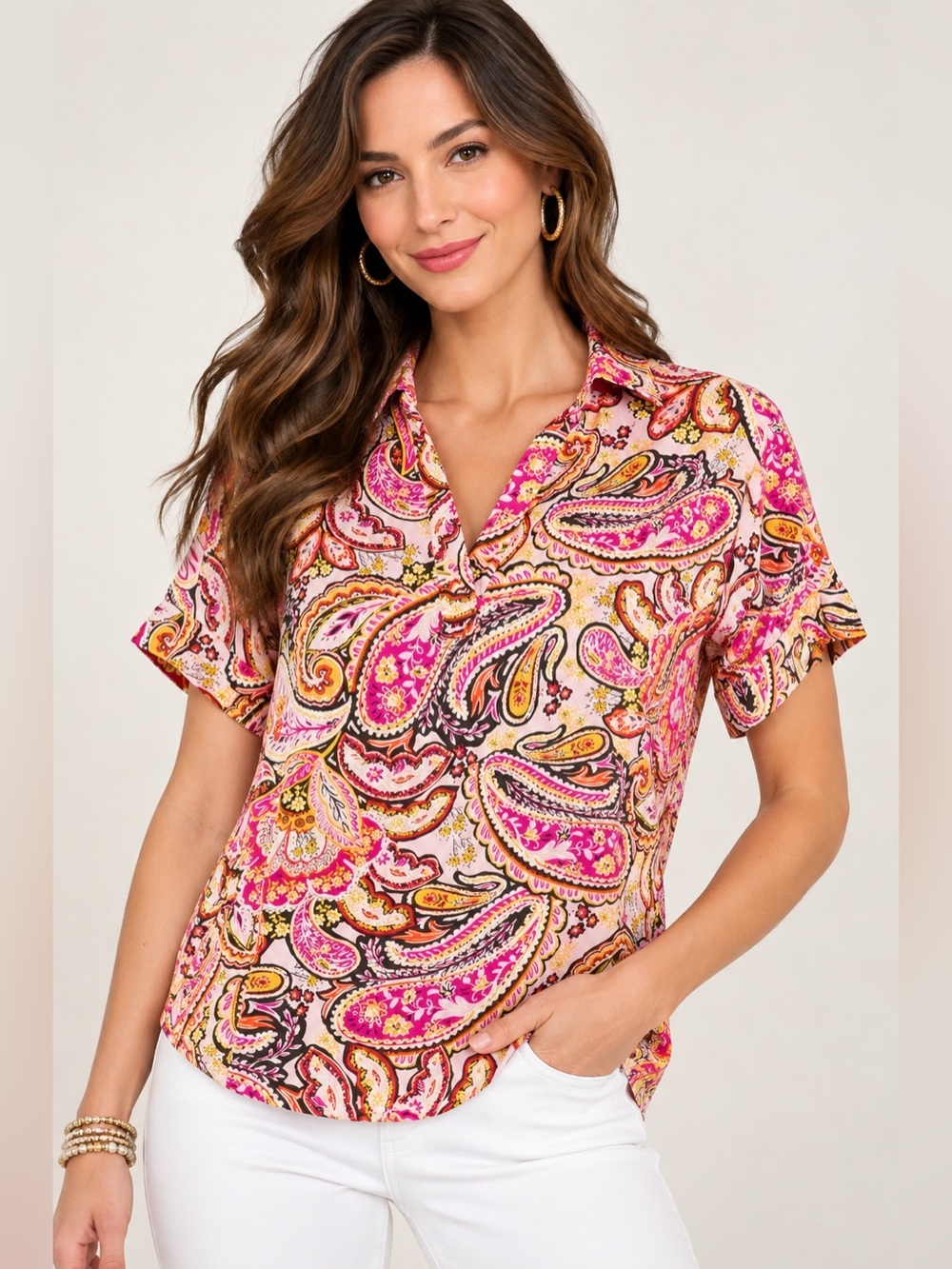 Single Thread Women’s Paisley Satin Blouse Pink Multicolor Short Sleeve Top S